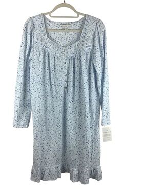 NWT Eileen West White w/ Blue Floral Cotton Jersey Long Sleeve Nightgown